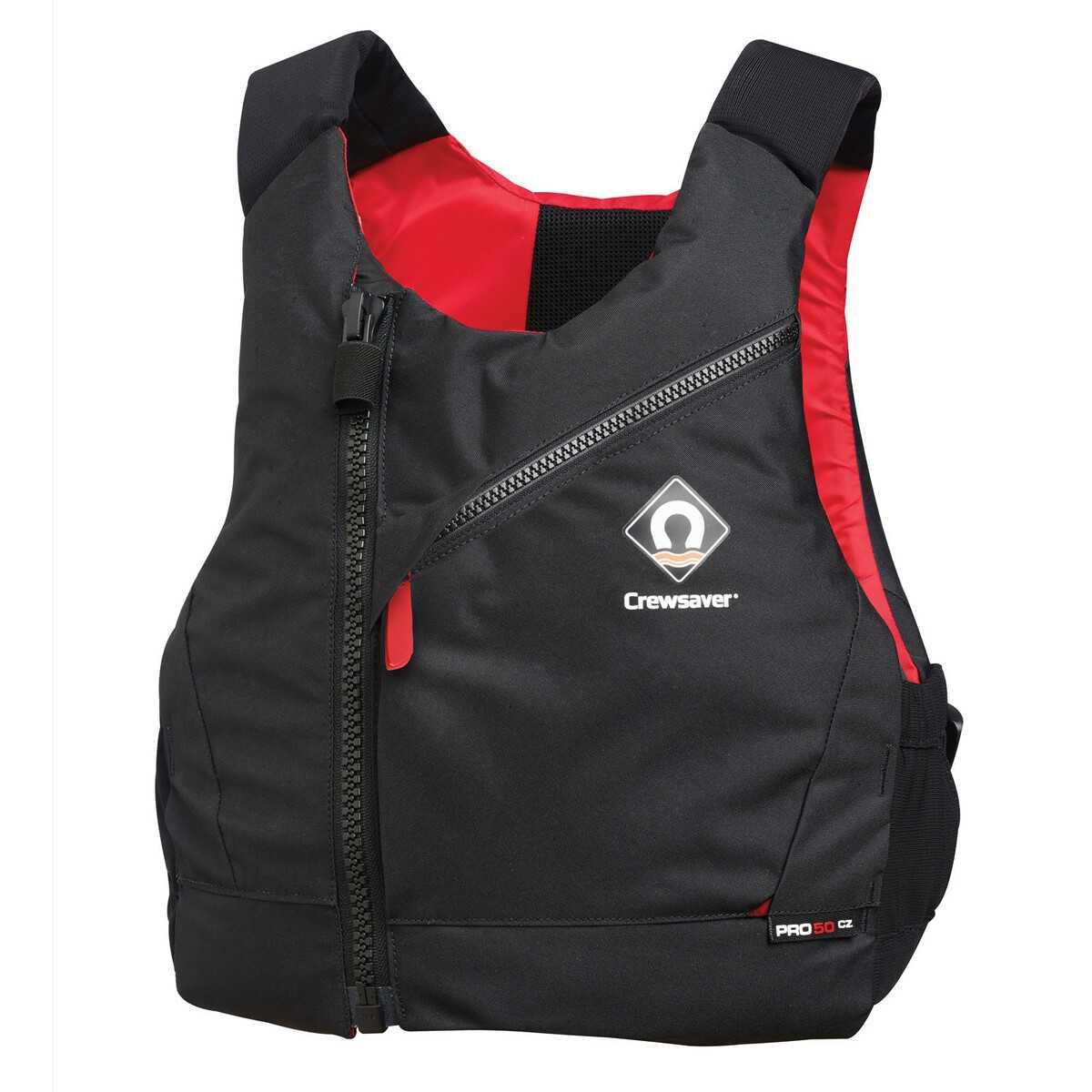 Eine schwarz-rote Crewsaver Pro 50 CE Schwimmweste mit Reißverschluss und Logo